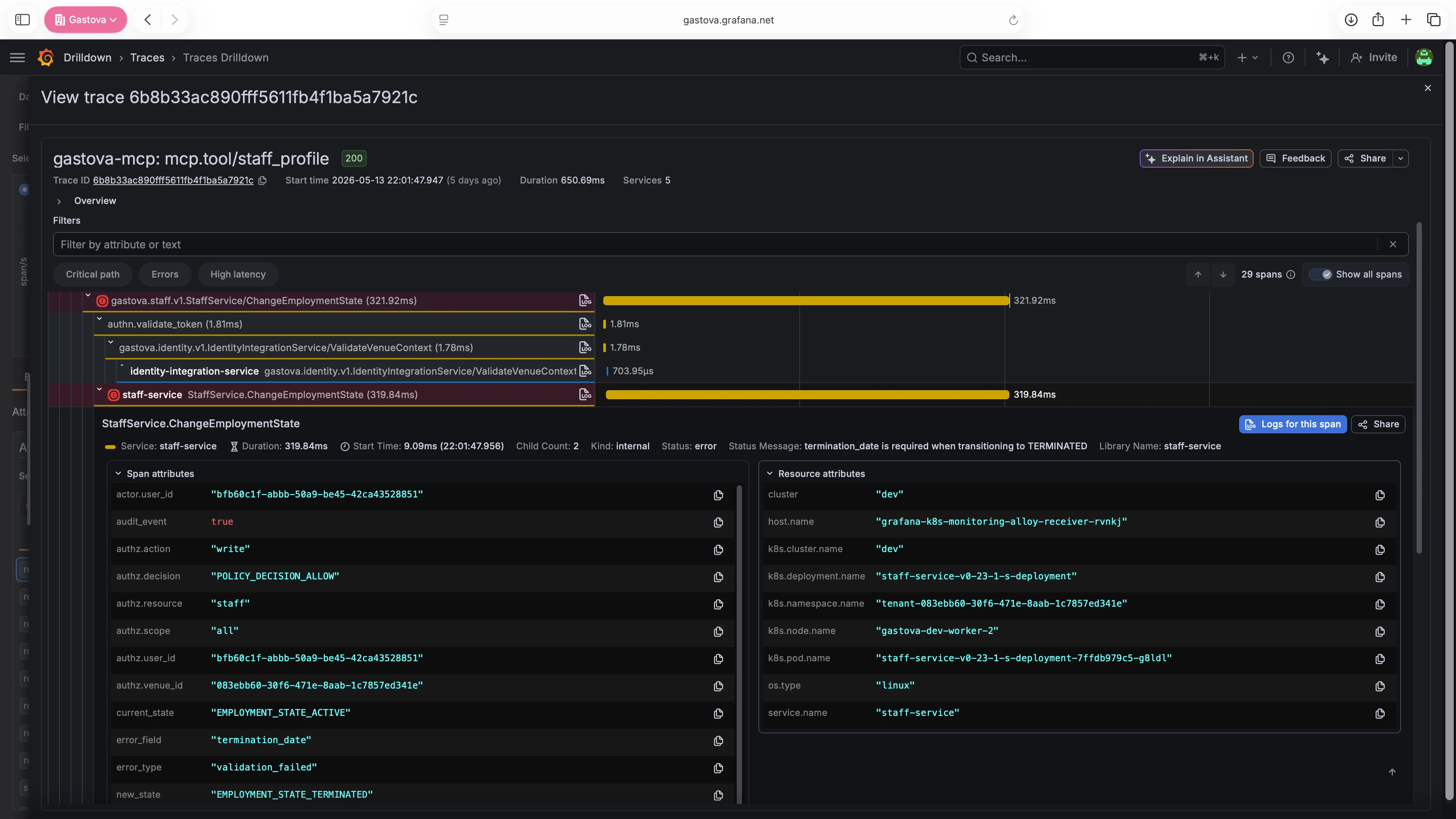 Grafana trace showing MCP → staff-service → validation failure